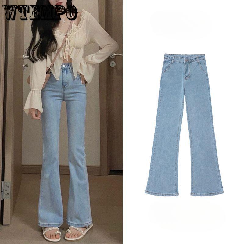 WTEMPO Brand Micro-label Jeans Dames Hoge Taille Skinny Rechte Uitgestrekte Uitlopende Broek met Stretchy Beenafwerking Jeans S bruin