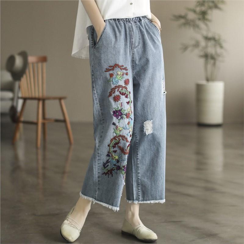 Johnature Dames Vintage Borduren Bloemen Denim Broek Elastische Taille Blauwe Casual Broek Herfst Rechte Broek XL blauw