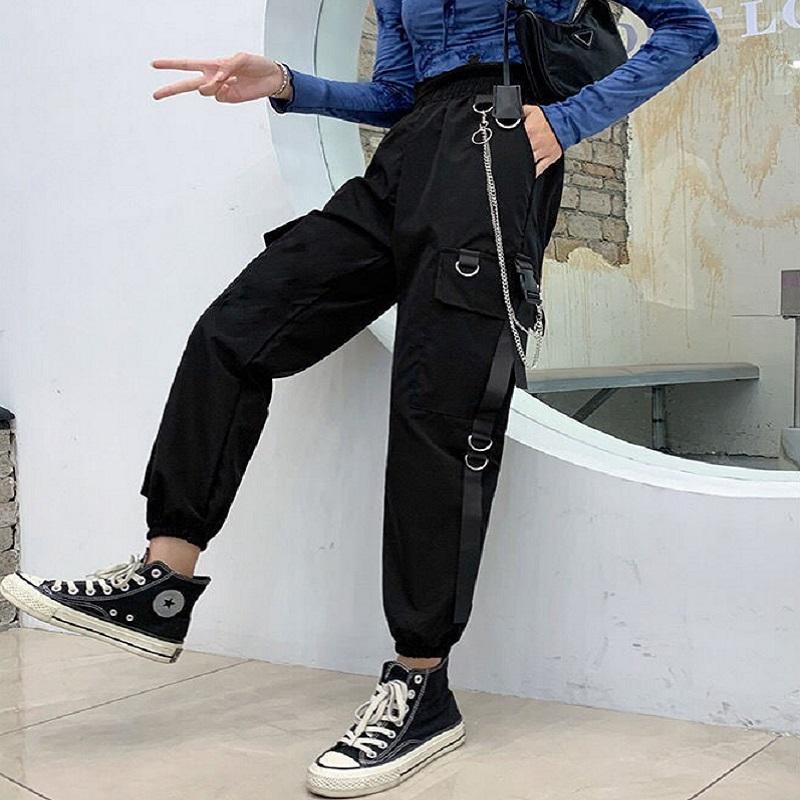 Fantastic wardrobe Gothic Vrouwen Zwarte Cargo Broek Harajuku Punk Keten Broek Vrouwelijke Hip Hop Mall Goth Streetwear Techwear Egirl Grunge XXL zwart