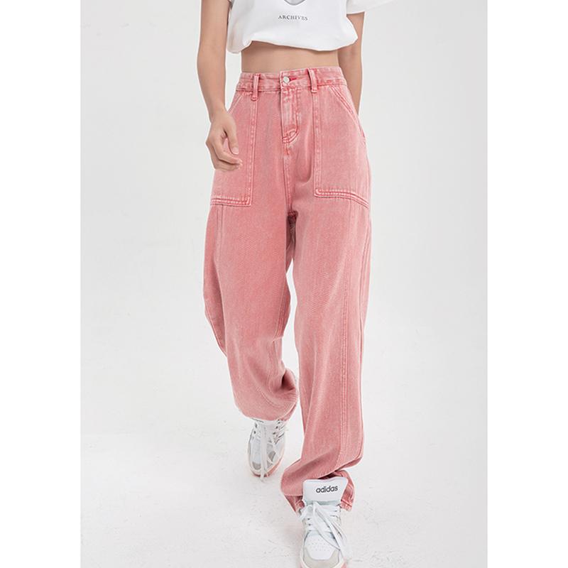 Fantastic wardrobe Herfst roze vrouw jeans hoge taille wijde pijpen denim broek baggy streetwear dames vintage rechte jeansbroek M roze