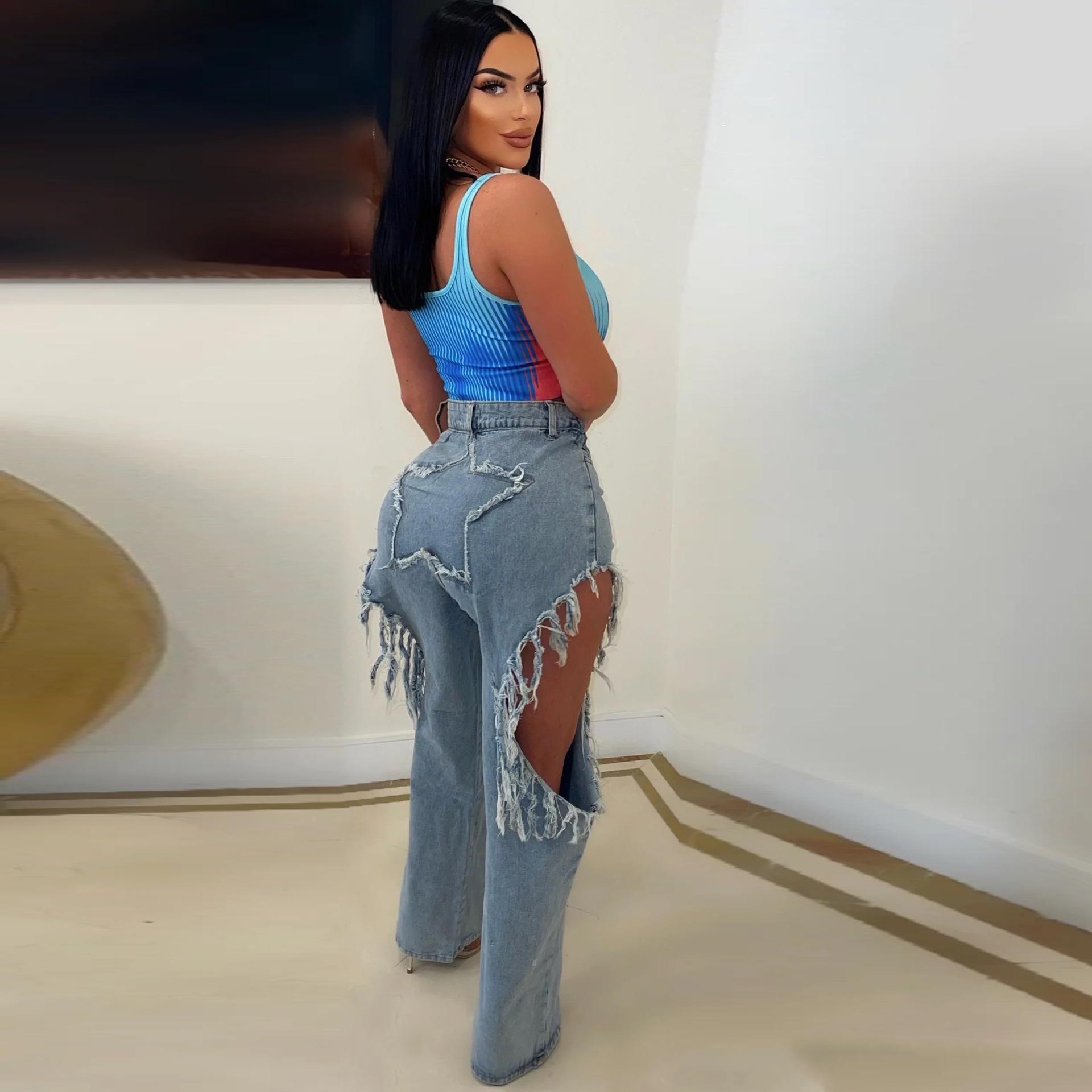 Omena Sexy kwastjes gescheurde baggy jeans dames M blauw