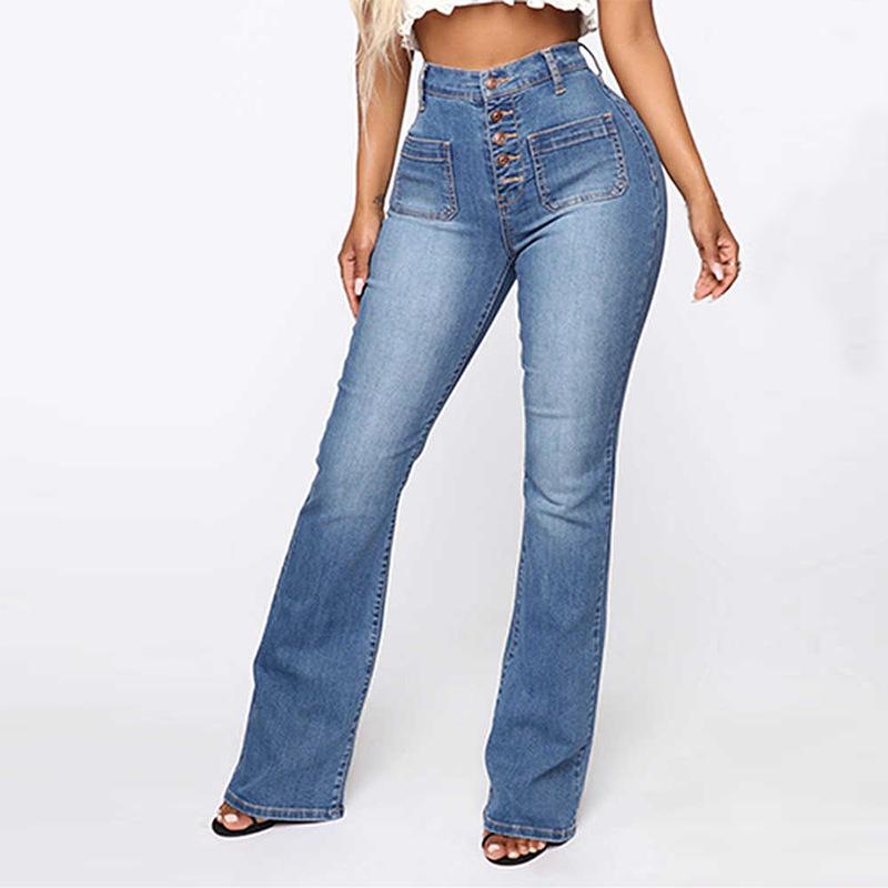 Omena Damesjeans met hoge taille, knooppatch en zakwassing L lichtblauwe kleur
