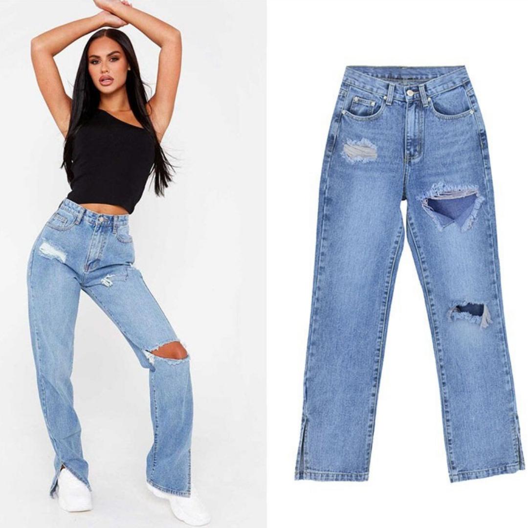 Zhuoneng Clothing Show Tall dunne rechte jeansbroek voor dames Tow-broek Gebroken gaten beenopening Drape Micro Flare-broek XL grijze kleur