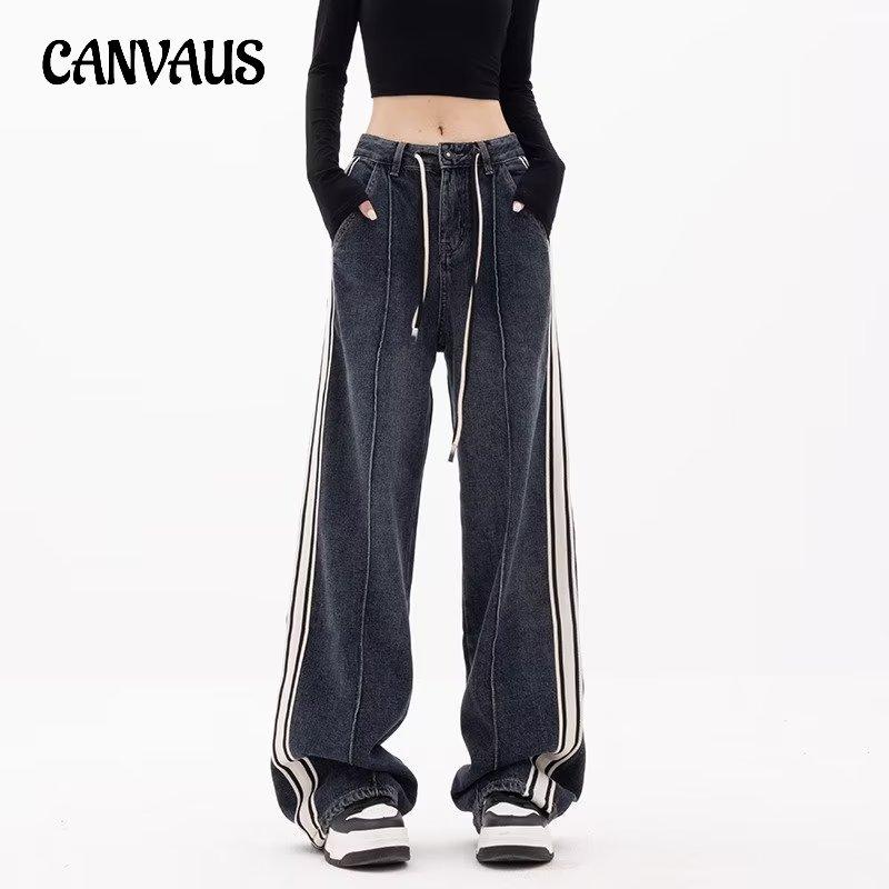 CANVAUS Plus-size retro rechte jeans met trekkoord Dames lente en zomer losse rechte broek met wijde pijpen 5XL