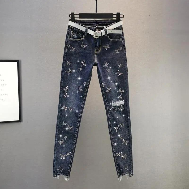 Mille Lente damesmode hoge taille slim fit vlinder strass versierde jeans XL blauw
