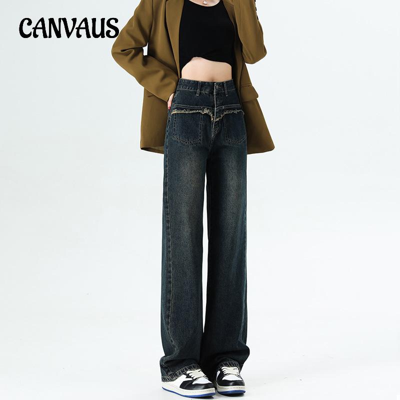 CANVAUS Rechte damesbroek Lente, zomer en herfst Losse broek Jeans met wijde pijpen Casual sleepbroek met hoge taille 31