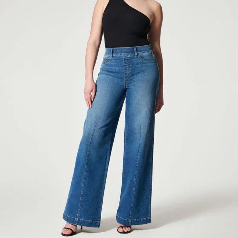 Secretworld Sexy Solid Wijde Pijpen Denim Jeans Vrouwen Office-dame Hoge Elastische Taille Jeans Herfst Winter Casual Broek Met Zakken 30095 XXL Vloot
