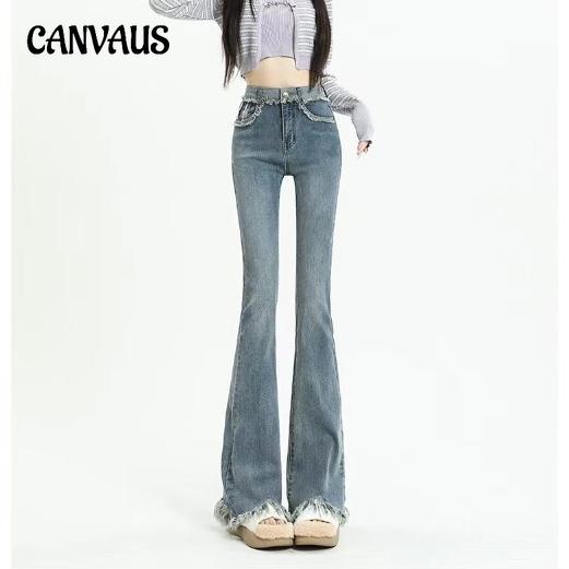 CANVAUS Micro Flare-broek Jeans voor dames Lente en herfst Hoge taille Lichtgekleurde uitlopende broek met ruwe rand XL