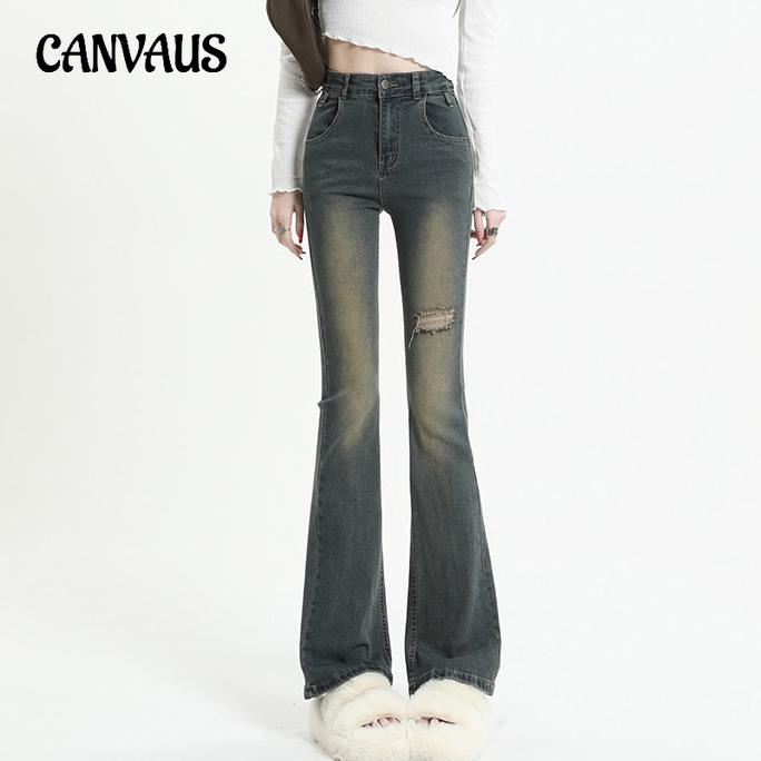 CANVAUS Retro Blue Broken Holes Micro-grote Jeans Dames Lente en Herfst Pittig Meisje Hoge Taille Dunne Lange Broek XL blauw