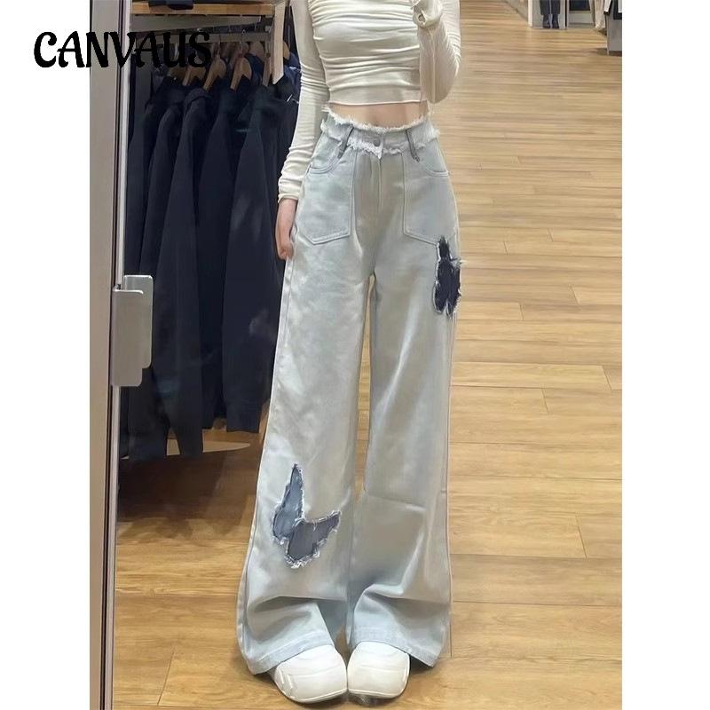 CANVAUS Vintage wijde pijpen broek jeans rechte vrouwen hoge taille losse wijde pijpen broek 2XL lichtblauwe kleur