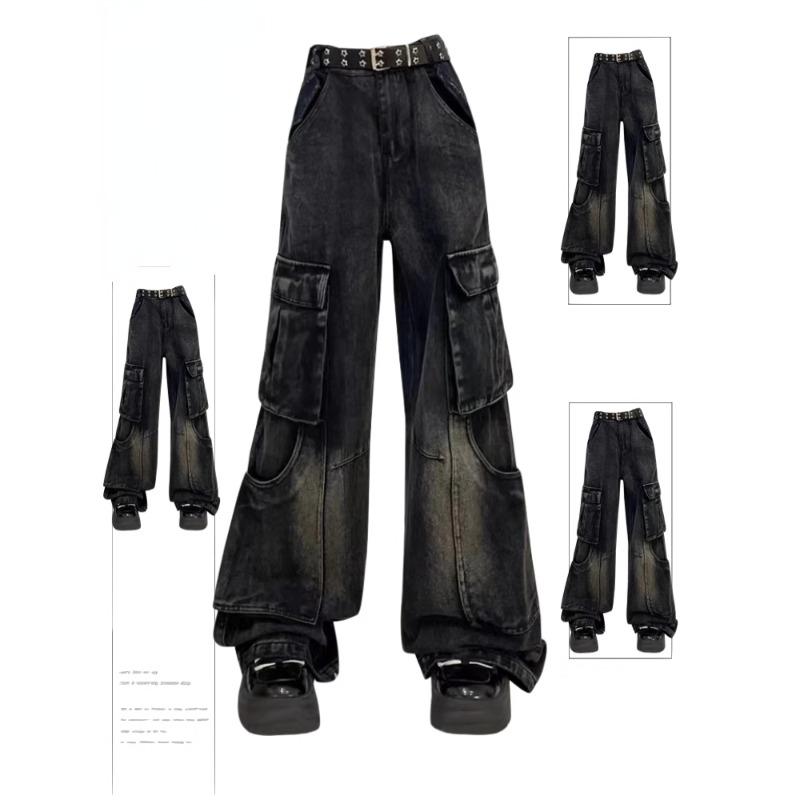 Alice Fashion Comprehensive Vrouwen Zwarte Gothic Cargo Jeans Vintage Koreaanse 90s Esthetische Y2k Denim Broek Harajuku Hoge Taille Cowboy Broek 2000s Kleding M zwart