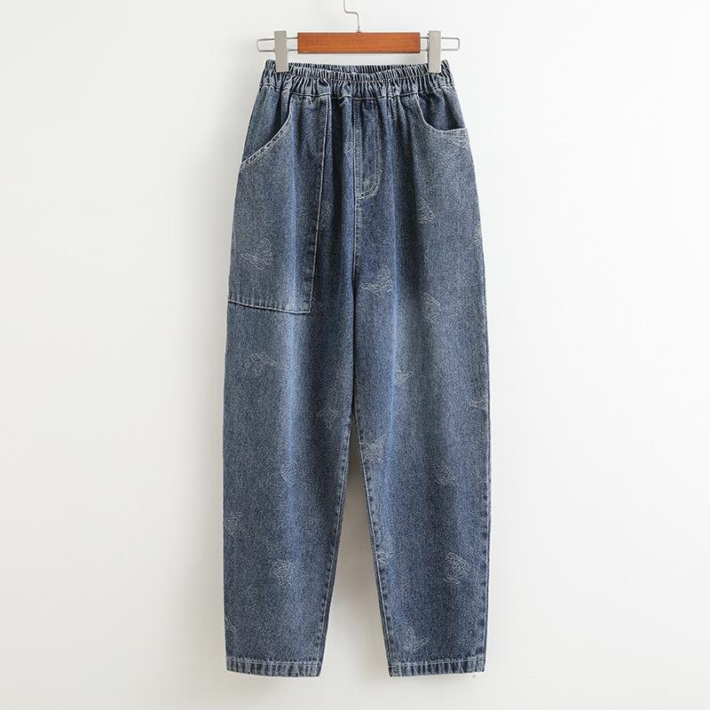CANVAUS Lente en zomer Literaire Retro Denim Broek Dames jeans Losse Casual Printing Plus Size Haren Broek Cropped Broek 5XL