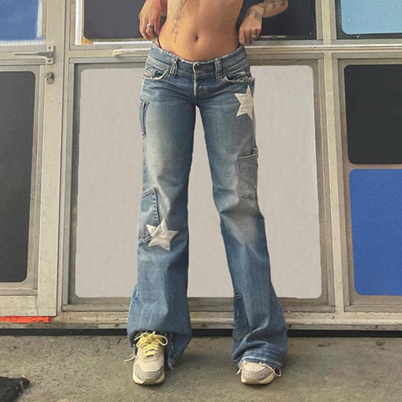 Delicate-Y Lente- en herfststraat vijfpuntige asymmetrische jeans met sterrenprint L blauw