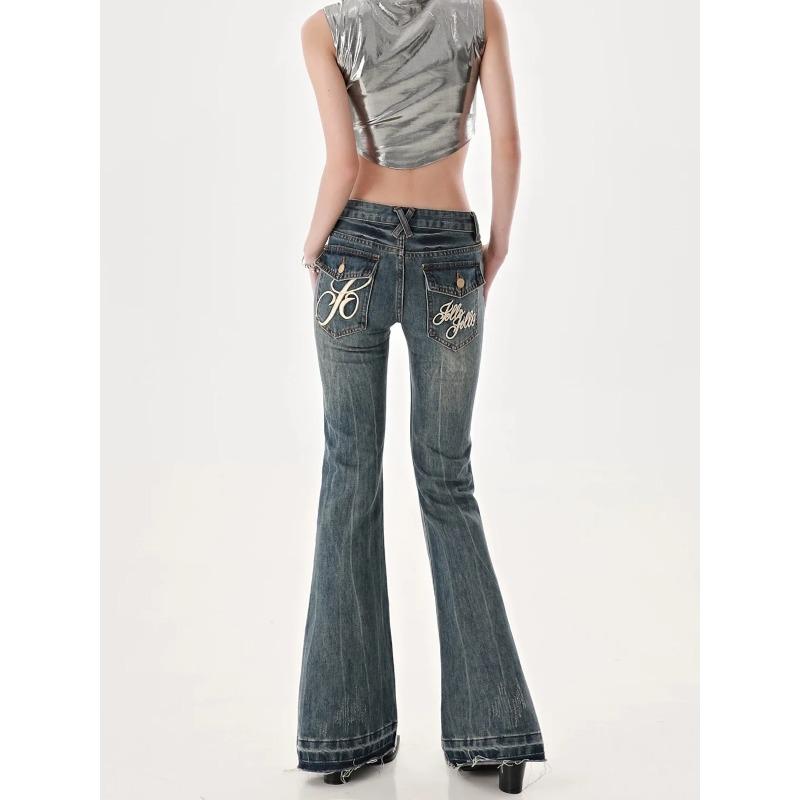 Exotic American High Street Spicy Girls Low Waist Jeans Dames Herfst Vintage Y2k Design Sense Slim Fit Rechte Tube Micro Flare Broek M blauw
