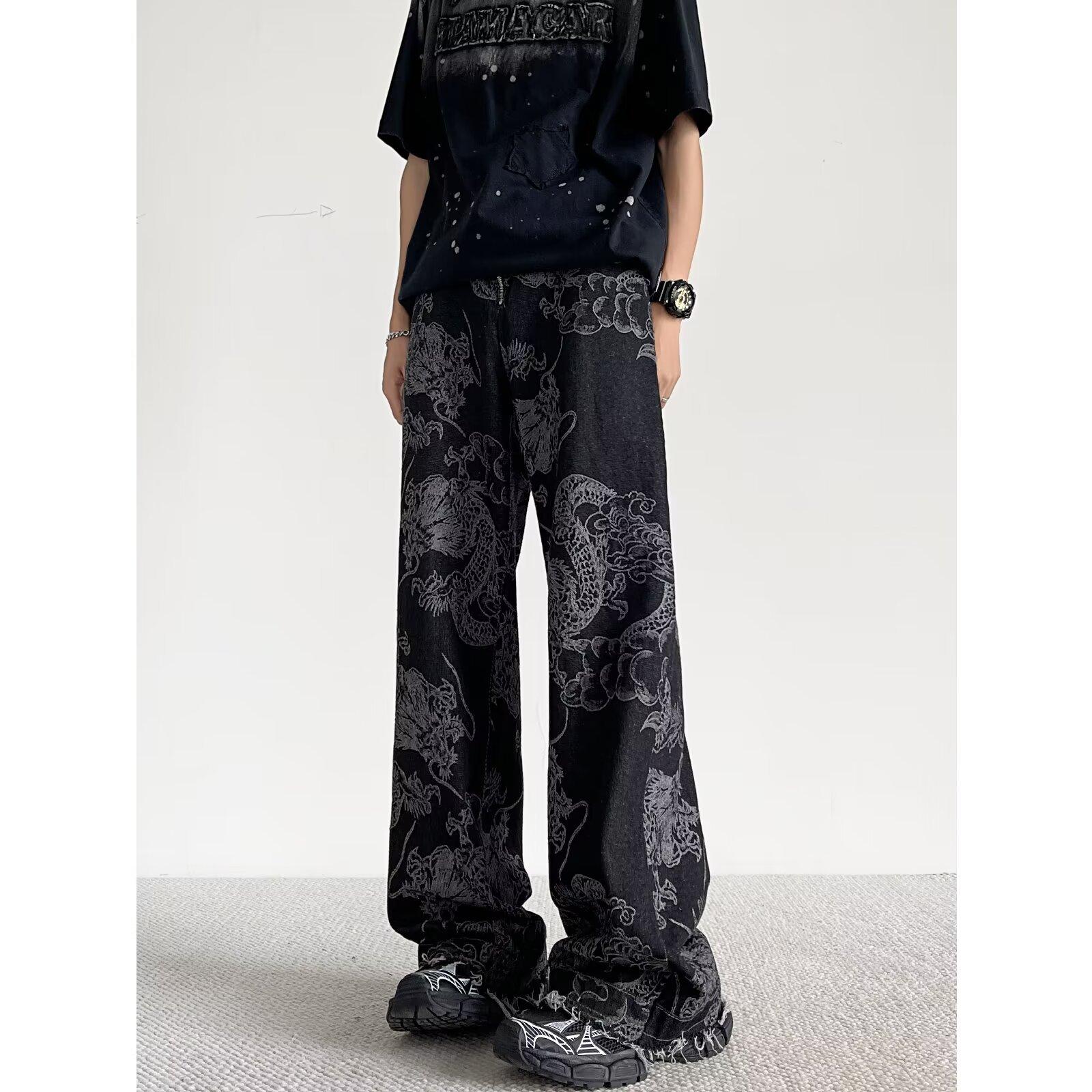 Wulaa Vrouwen Zwarte Gotische Draak Print Jeans Baggy Vintage Esthetische Cowboy Broek Harajuku Denim Broek XS