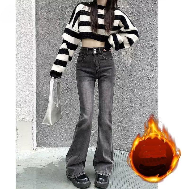 Qiu Yi Gewatteerde uitlopende broek Jeans met hoge taille voor dames Herfst en winter Warme losse dunne micro-wasbroek L