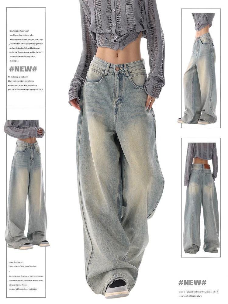 Aura Dames Amerikaanse Vintage Gewassen Dunne Jeans Street Casual Neutrale Stijl Blauwe Denim Broek Vrouwelijke Hoge Taille Rechte Broek S blauw