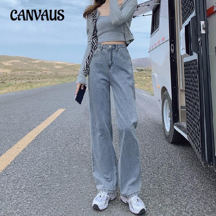 CANVAUS Lente en herfst damesjeans hoge taille rechte retro losse wijde pijpen broek lange broek denim jeans 2XL lichtblauwe kleur