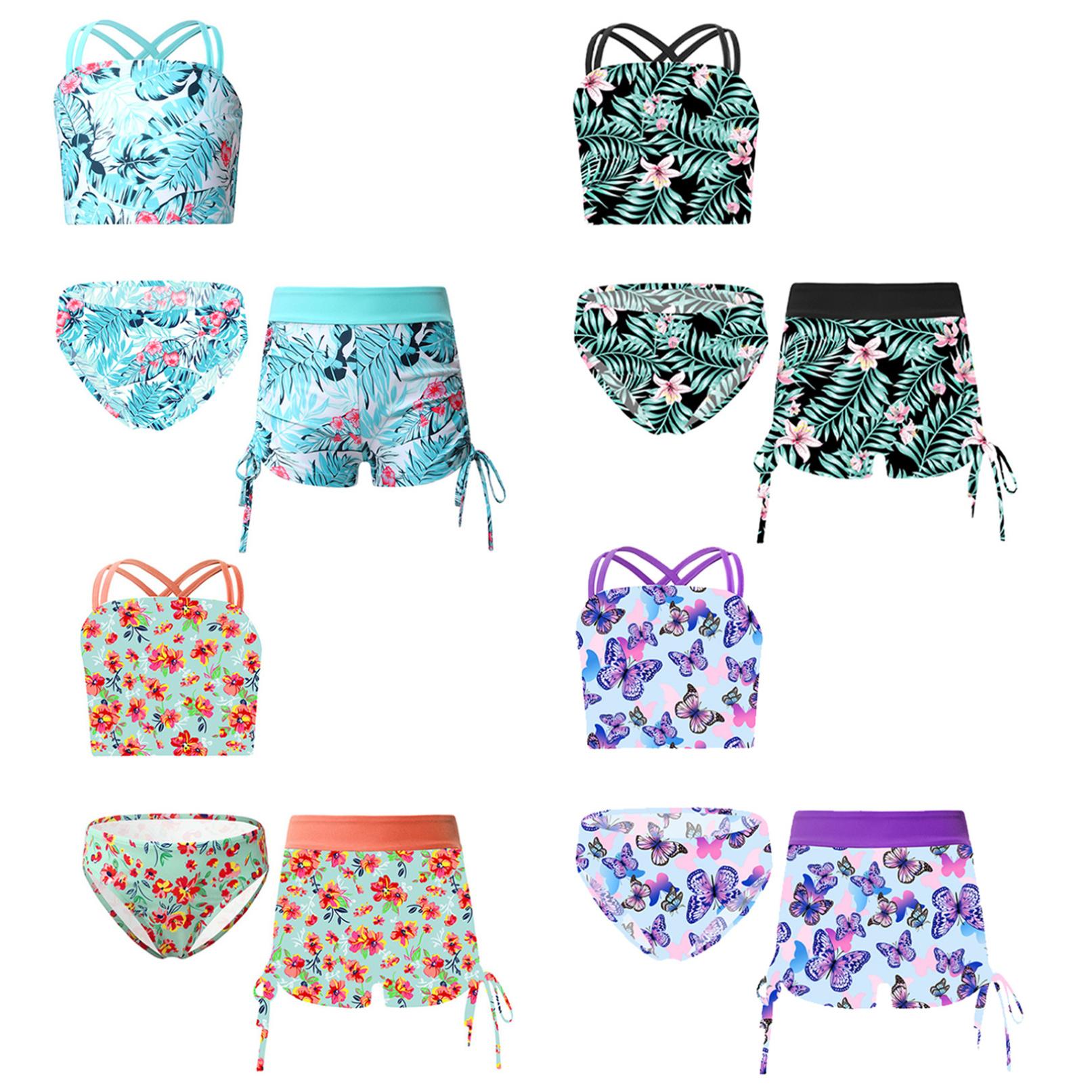 Manyakai Bikini met shorts Set voor meisjes Tankini-top Hotpants Zwemshorts 3-delig Hawaï-badpak Cross-over sport-bh Bikinibroekjes 7-8 Years groen