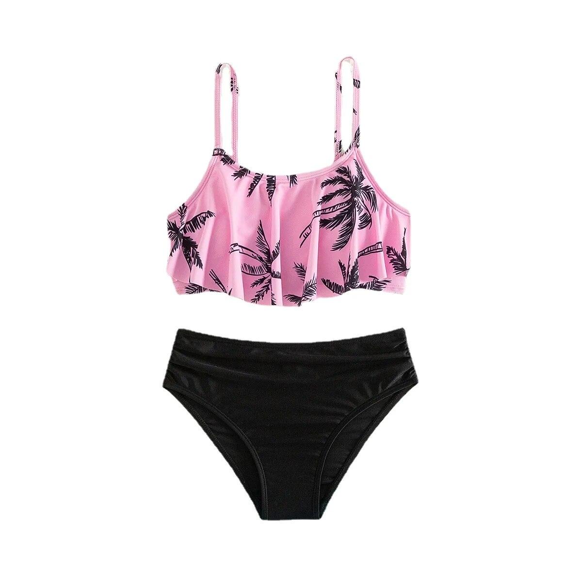 Fox Swimwear Zwart + roze Flounce Meisjes Tweedelige Badpak Tienermeisjes Tie Side Bikini Sets 7-14 Jaar Meisjes badpak Badmode 9-10 years old zwart
