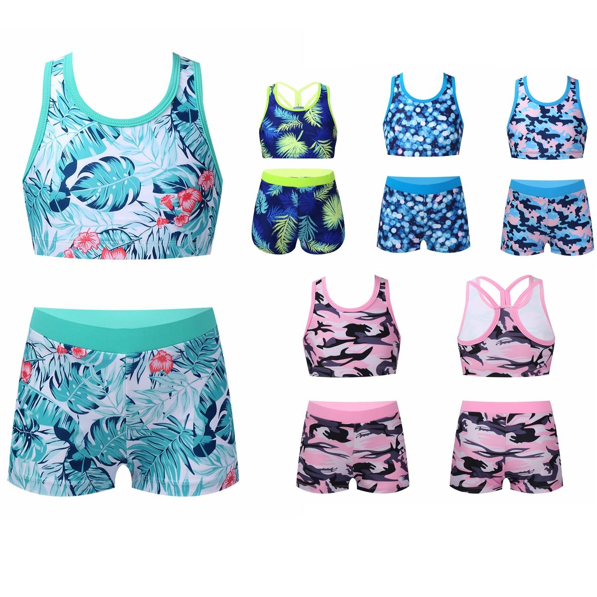 Tiaobug Ronde hals patronen bedrukt mouwloos Y-vormig rug tank vest met elastische tailleband boyshorts atletische sets 11-12 Years turquoise