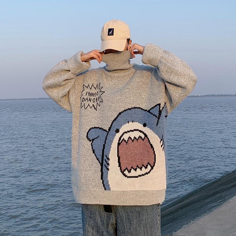 MIO-Fashion Heren Coltruien Shark Sweater Heren 2023 Winter Patchwor Koreaanse stijl Hoge hals Oversized coltrui voor heren S grijs