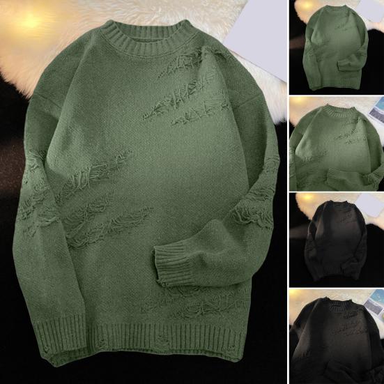 Yunzhu Heren Herfst Winter Trui Ronde Hals Gescheurd Effen Kleur Gebreid Dik Lange Mouw Trui High Street Hip Hop Warme Elastische Zachte Vintage Trui 2XL groen