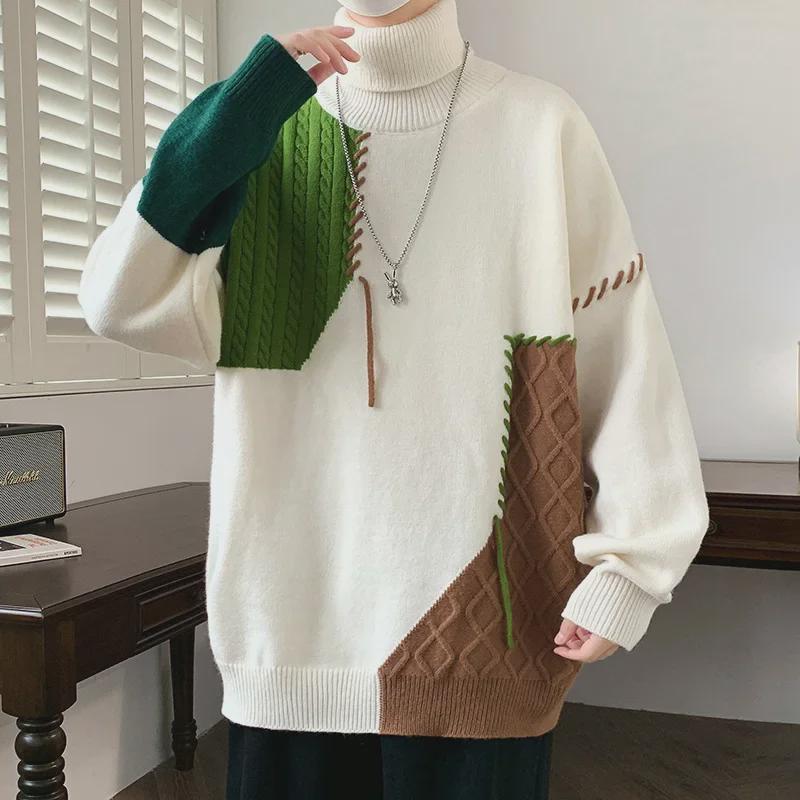VantaGoods Heren 2004 Herfst/Winter Contrast Turtleneck Trui - American Fashion, Losse pasvorm, Grote maat, All-Match XL zwart