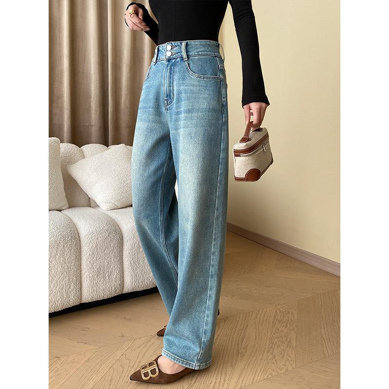 Qiu Yi Vroege herfst gedrapeerde slanke rechte jeans met hoge taille en wijde pijpen XL donkerblauwe kleur
