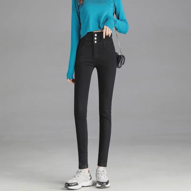 VantaGoods Dames High-Waist Slim-Fit Stretch Jeans - Buikcontrole & Heuplift, 3-knoops, 9-punts potloodbroek voor herfst/winter 32 zwart