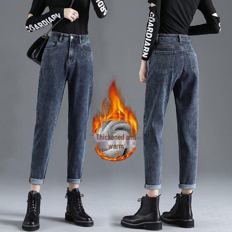 VantaGoods Dames High-Waist Plush Winter Jeans - Dikke, warme, losse rechte wortelbroek XL
