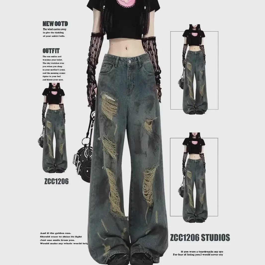VantaGoods 2024 Retro Ink-Splashed Wasteland Style Loose Drape Jeans - Koreaanse Niche Lente/Herfstcollectie S