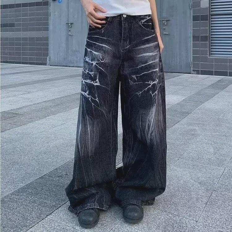 VantaGoods Unisex gewassen distressed bliksempatroon wijde jeans - Trendy Harajuku-stijl voor lente en herfst S blauw/grijze kleur