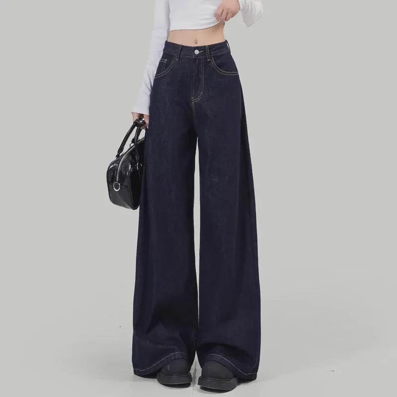 VantaGoods Dames High-Waisted Loose Donkerblauwe Wide-Leg Jeans voor Peervormige Figuren 5XL donkerblauwe kleur