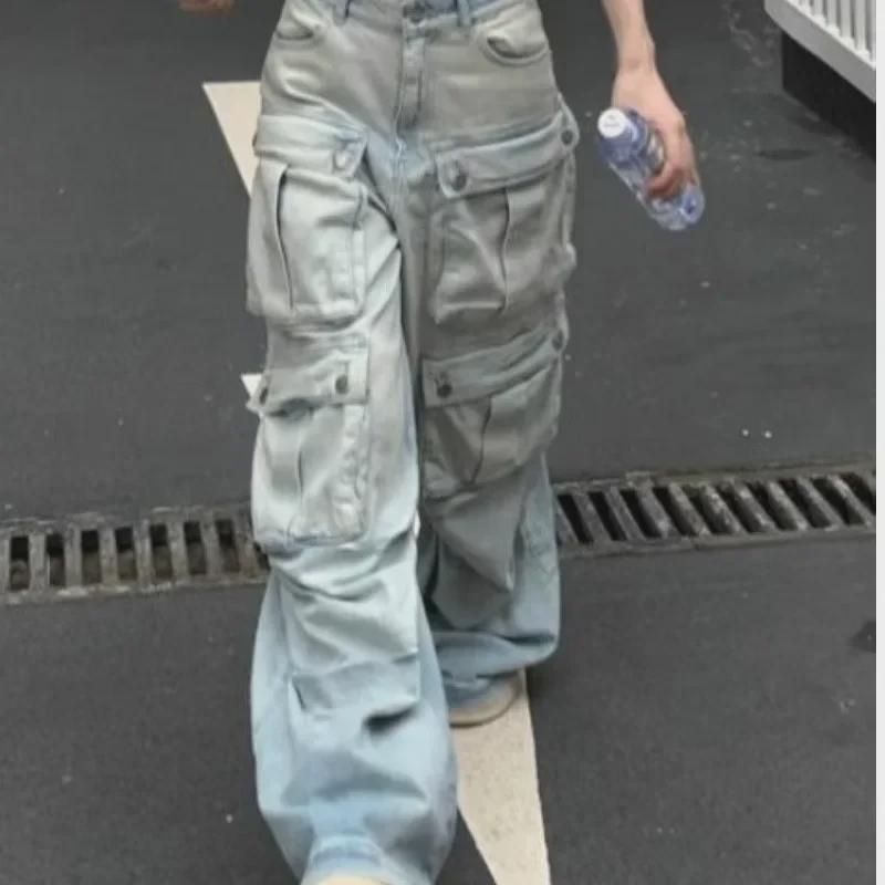 VantaGoods Dames hoge taille witte retro overall: Slanke, losse, verlengde jeans in herfststijl Medium lichtblauwe kleur