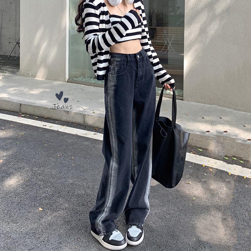 VantaGoods Zwarte High-Waist Straight Wide-Leg Jeans voor dames - Lente/Zomer 2022 Trendy Veelzijdige Losse pasvorm L zwart