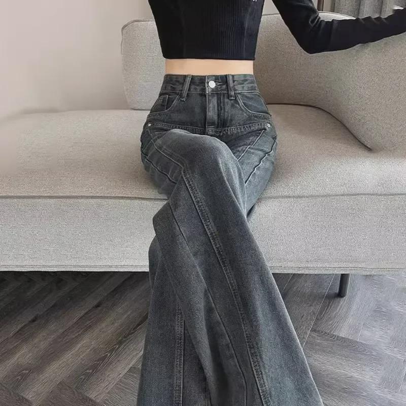 VantaGoods Peervormige, high-waist, wijde pijpen jeans voor dames - cementgrijs, gewassen, nostalgische stijl, tot op de grond. S