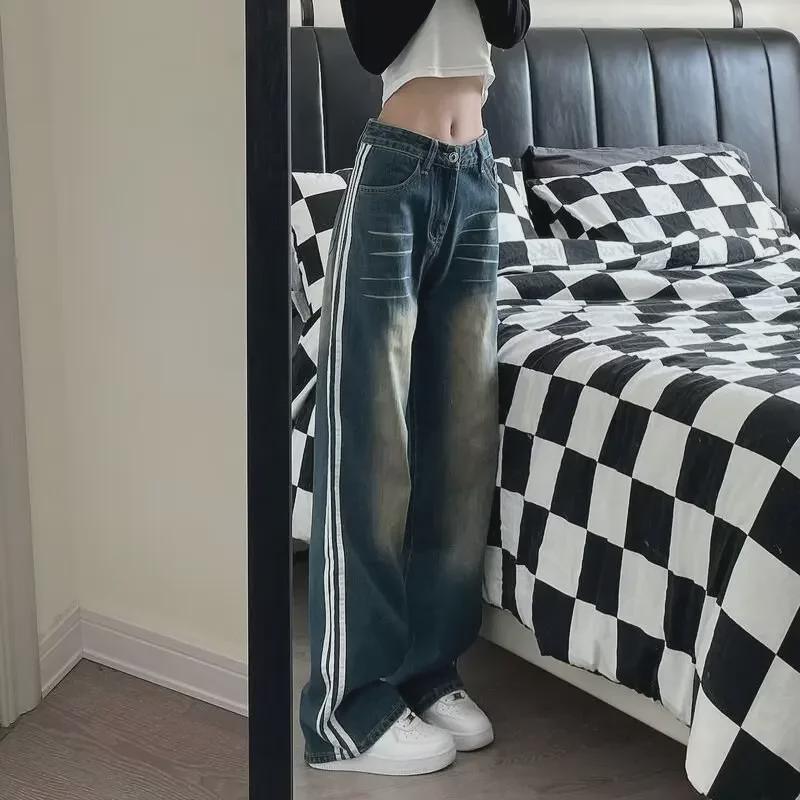 VantaGoods Dames jeans met wijde pijpen en drie strepen, in Amerikaanse high street-stijl, losse pasvorm, gewassen, casual broek. 2XL blauw