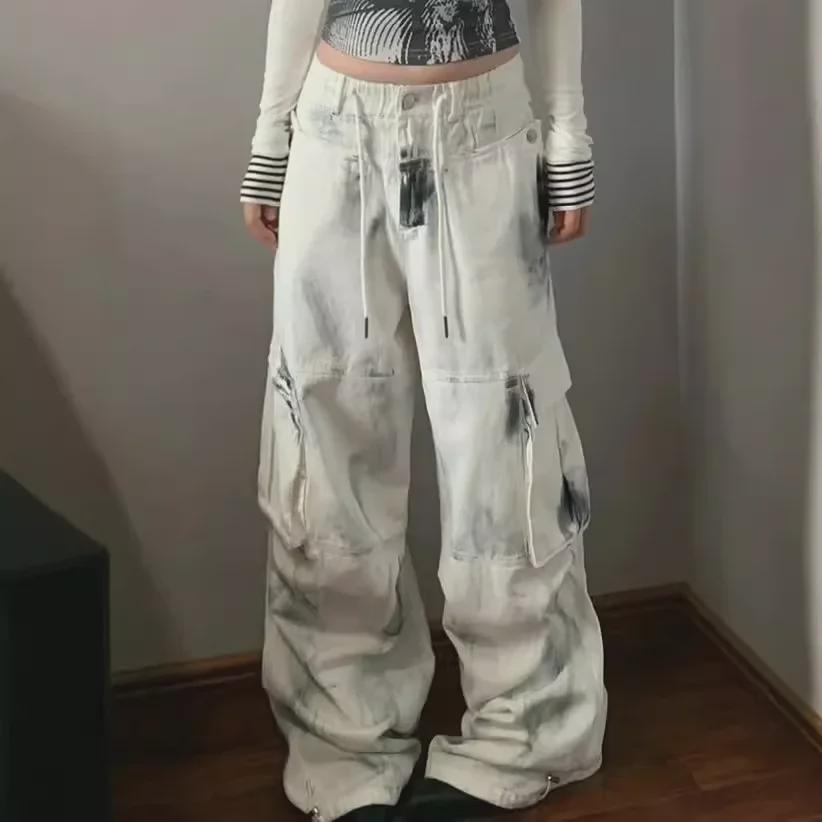 VantaGoods Dames Amerikaanse stijl gewassen multi-pocket wijde pijpen jeans Extra Large