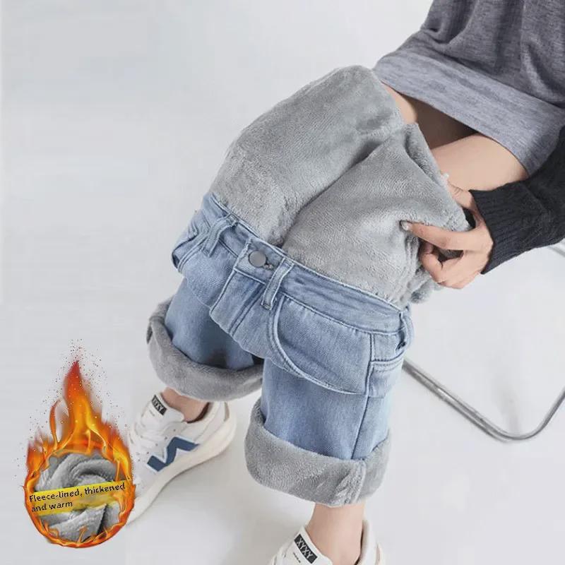 VantaGoods Hoog getailleerde pluche wijde jeans voor dames - Comfortabele herfst-/winterkleding L