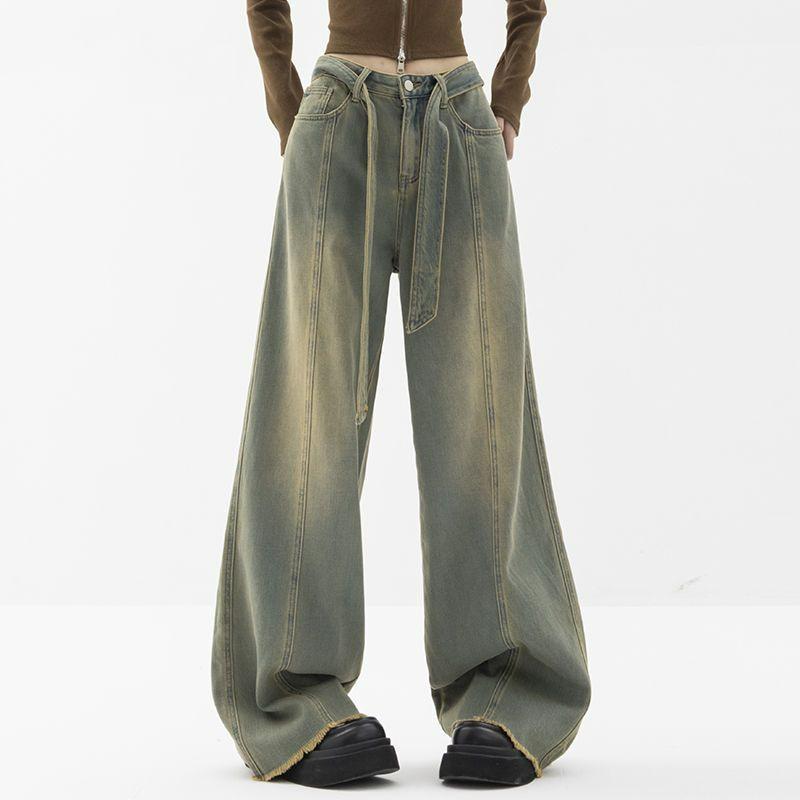 Qiu Yi Vintage stijl slepende broek Raw Edge Jeans Dames Hoge taille Rechte losse High Street wijde pijpen broek 2XL