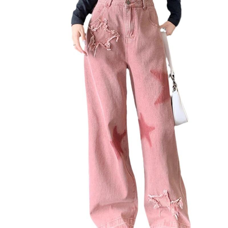 Qiu Yi Retro vijfsterren borduurwerk Raw Edge jeans lente en herfst losse broek dunne broek voor dames 2XL rood
