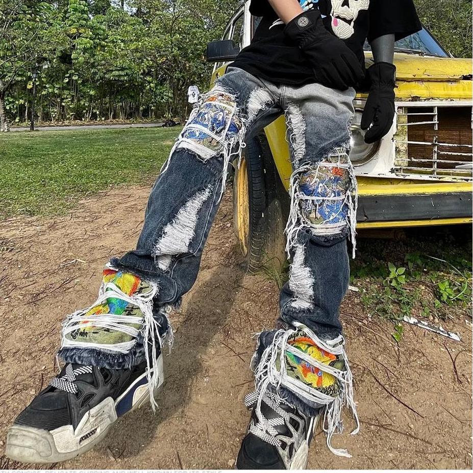 Kuake Duan Gat gewassen doen oude vintage geborduurde losse rechte broek gescheurde jeans vrouwen Y2k broek hoge taille denim broek streetwear punk 4XL grijze kleur