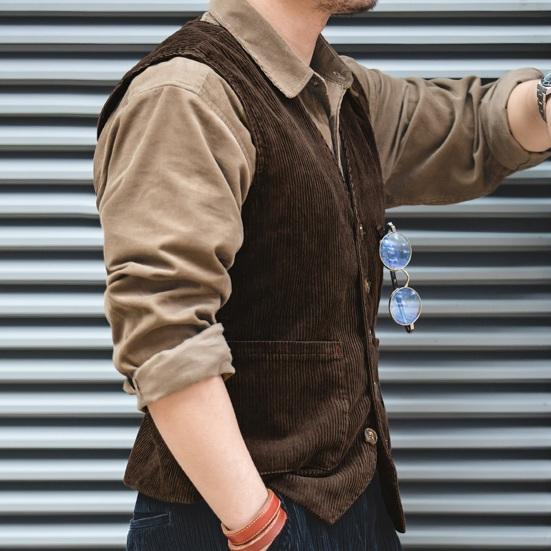 Western Cool Men Herenvest V-hals Mouwloos Enkelrijs Vestjas met Multi-pocket Ontwerp Effen Kleur Corduroy Vest M marineblauwe kleur