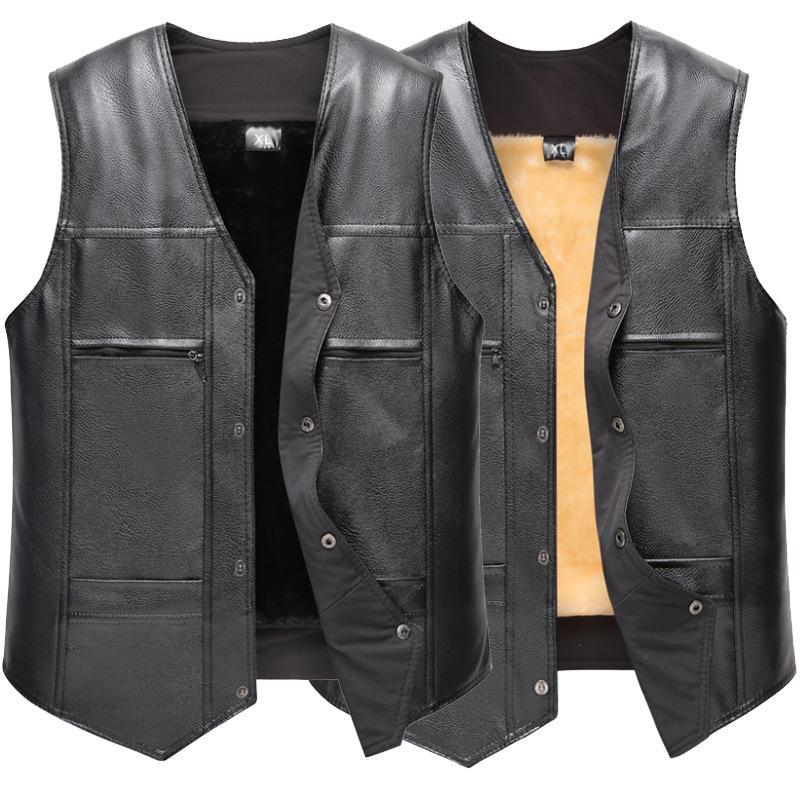 Top Men Wardrobe Heren herfst/winter fluwelen gevoerde casual vesten en jassen: Dikke, warme, grote leren modellen voor mannen van middelbare leeftijd. 4XL zwart