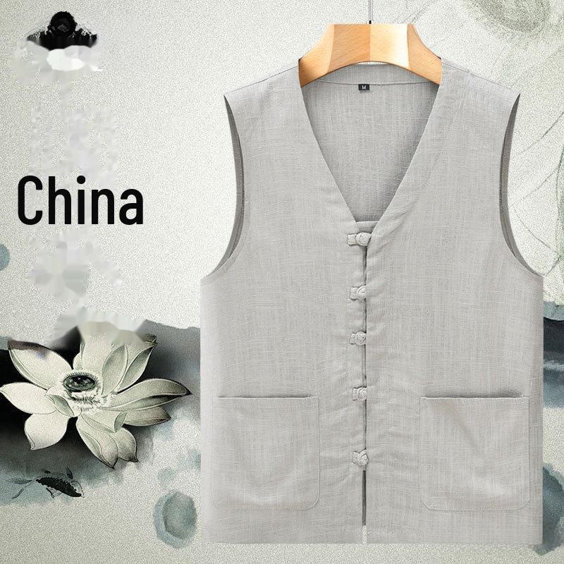 StrideBox Men's Summer Lightweight Linen Tang Suit Vest - Loose, Breathable, Sleeveless for Middle-Aged & Elderly 4XL