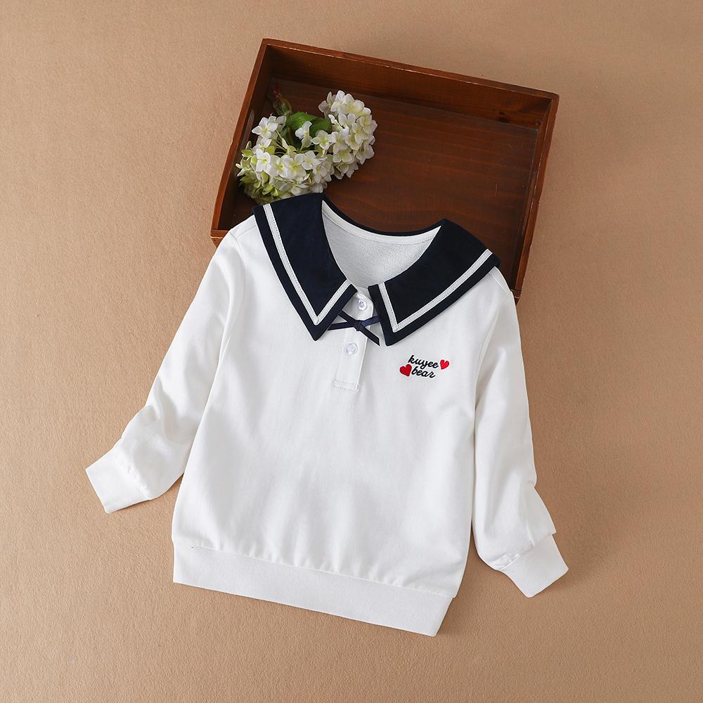 Kuyeebear Collegestijl 2024 nieuwe katoenen hoodie met kleurenblokken en reverskraag voor peutermeisjes voor lente- en herfstkinderkleding 120 wit