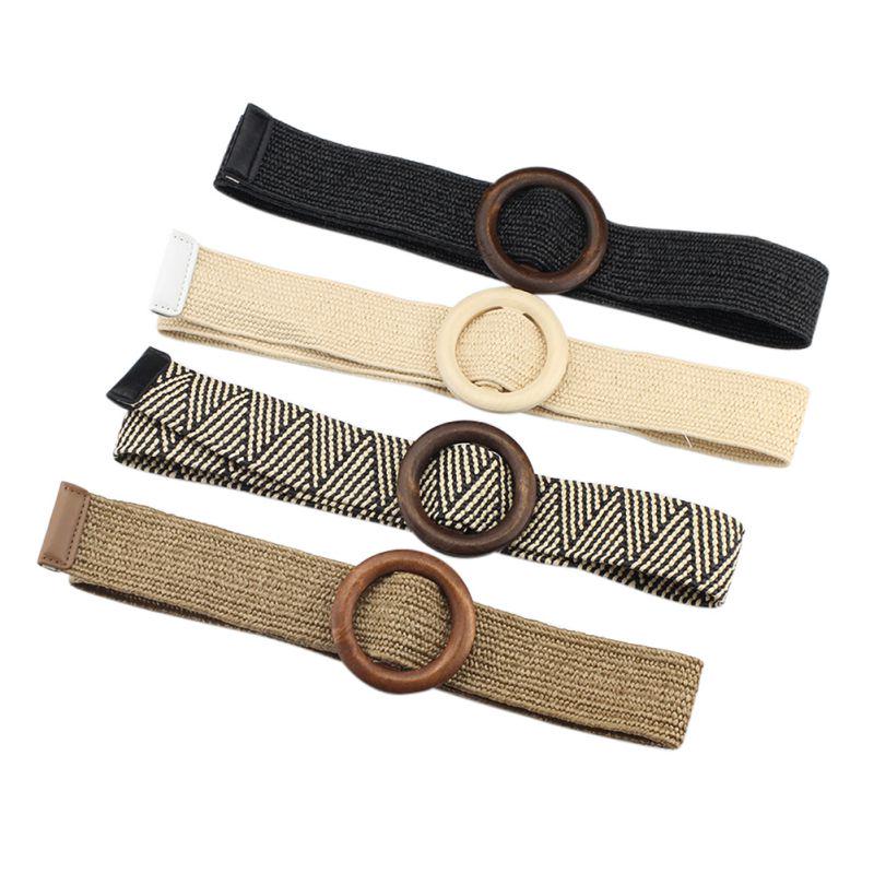 Sunnyway Vrouwen Boheemse elastische gevlochten riem Vrouwelijke jurk Jeans Brede zwarte PP-stro Designer Houten gesp Boho-riemen