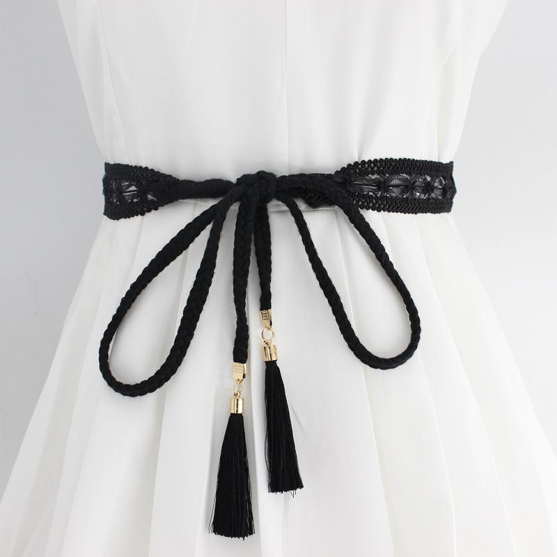 Pino Chio Vrouwen effen kleur gevlochten kwast riem Boho taille touw gebreide riem voor jurk taillebanden accessoires grijs
