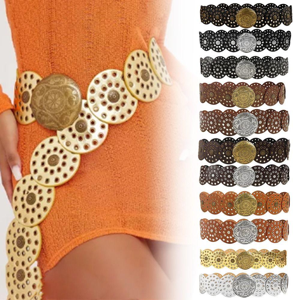 NeoVigor Y2K holle riem ronde brede riemen Vintage schijfriemen voor dames Black-Gold Buckle